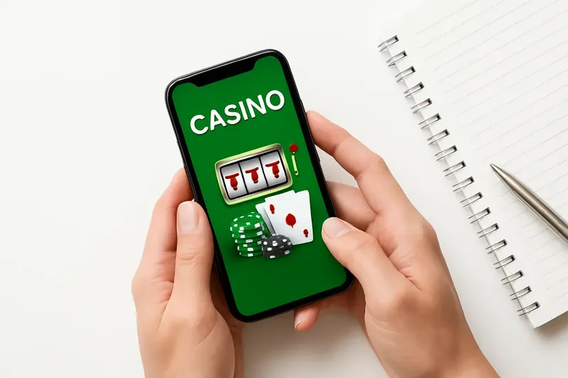 Aerial view of hands holding phone with casino app on white desk
