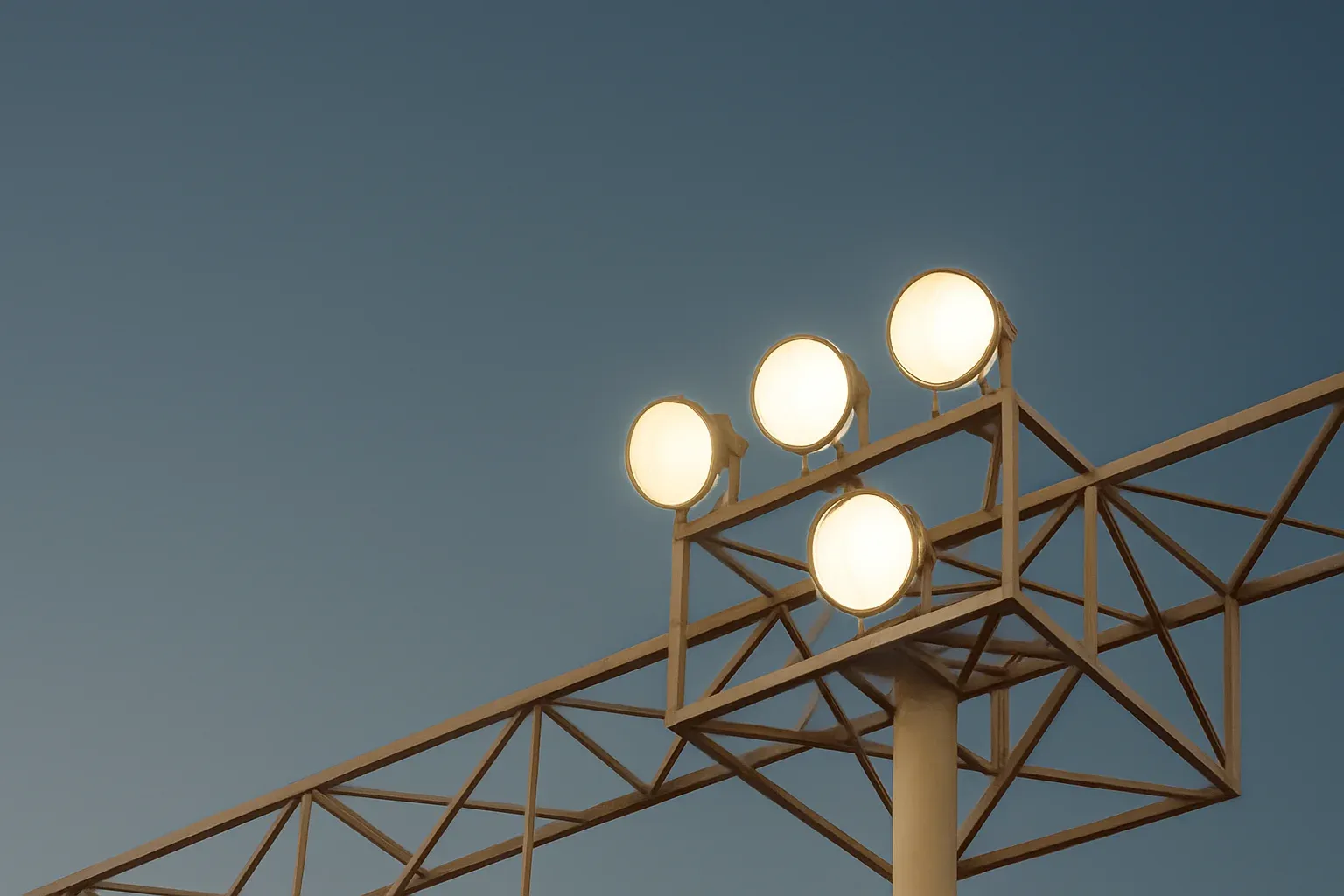 Looking up at bright stadium floodlights through metal structure at dusk