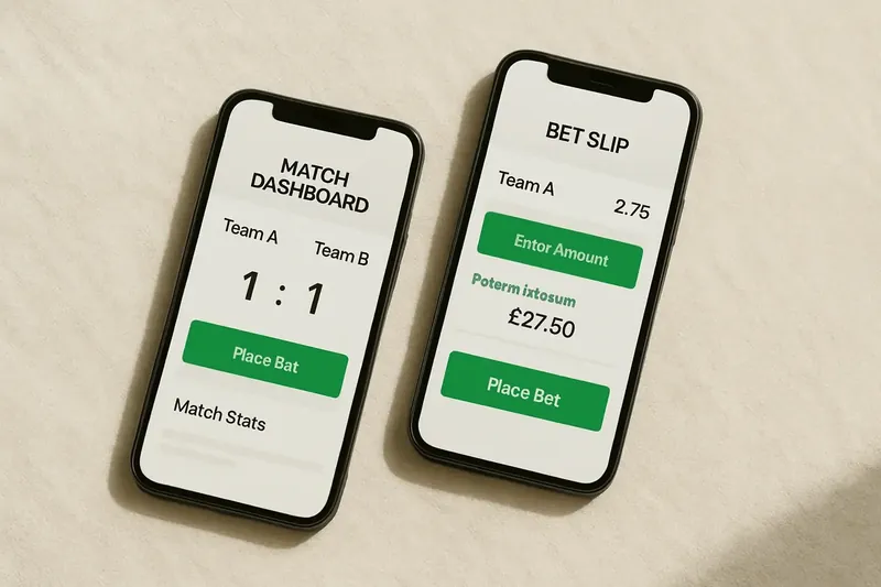 Two smartphones showing match dashboard and bet slip on cream surface