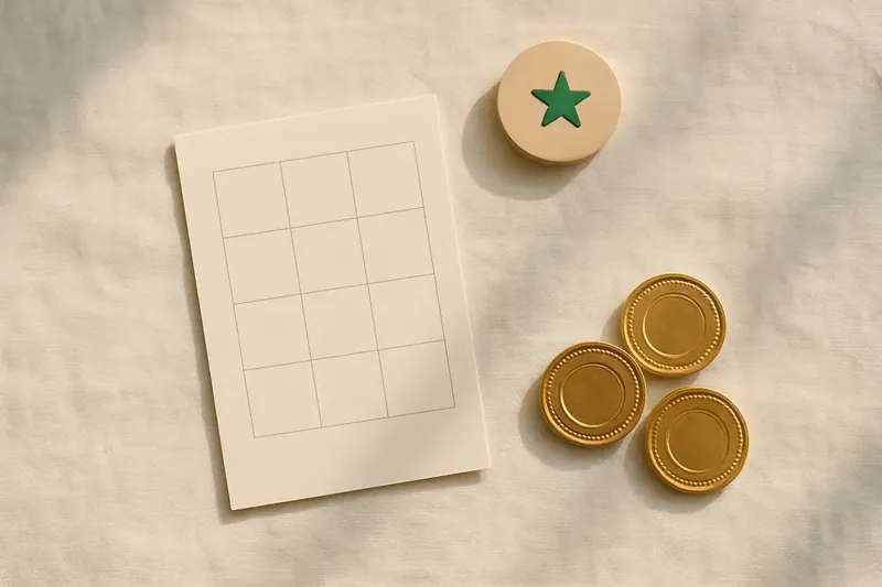 Loyalty card, bonus token and three gold coins on white linen