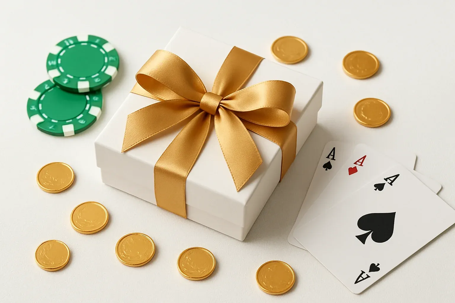 Premium gift box with casino chips, cards, and gold coins