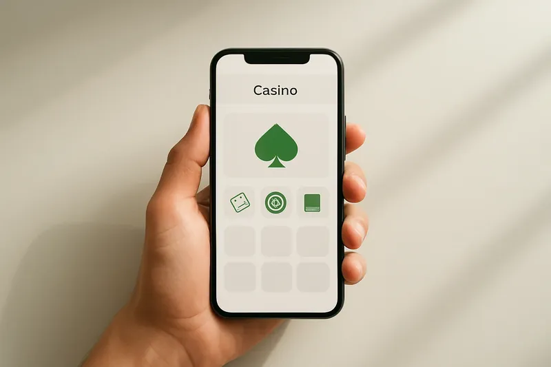 Hand holding smartphone with clean light-themed casino app interface