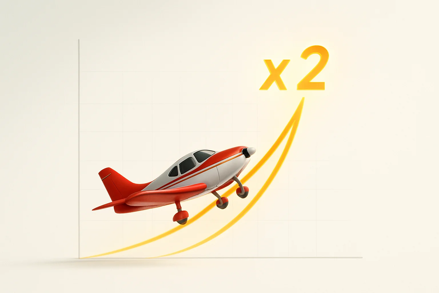 Plane ascending with glowing multiplier curve on white background