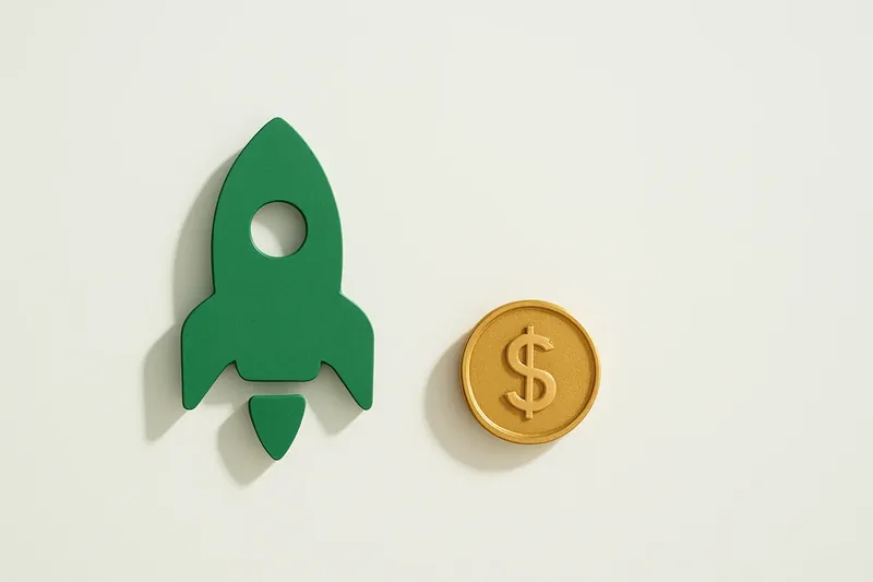 Minimalist rocket icon with gold coin on white background