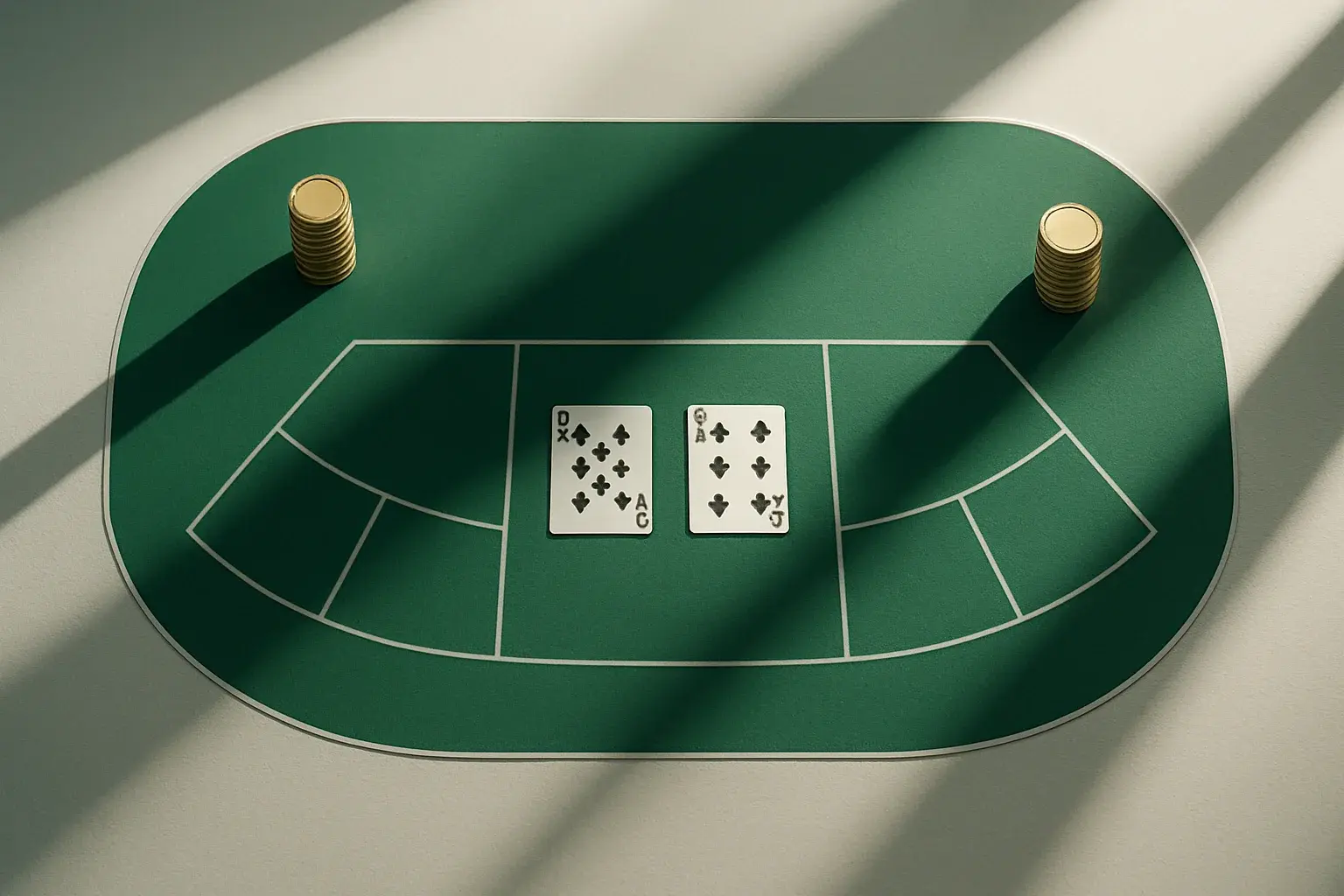 Overhead live baccarat table with gold chip towers and geometric shadows