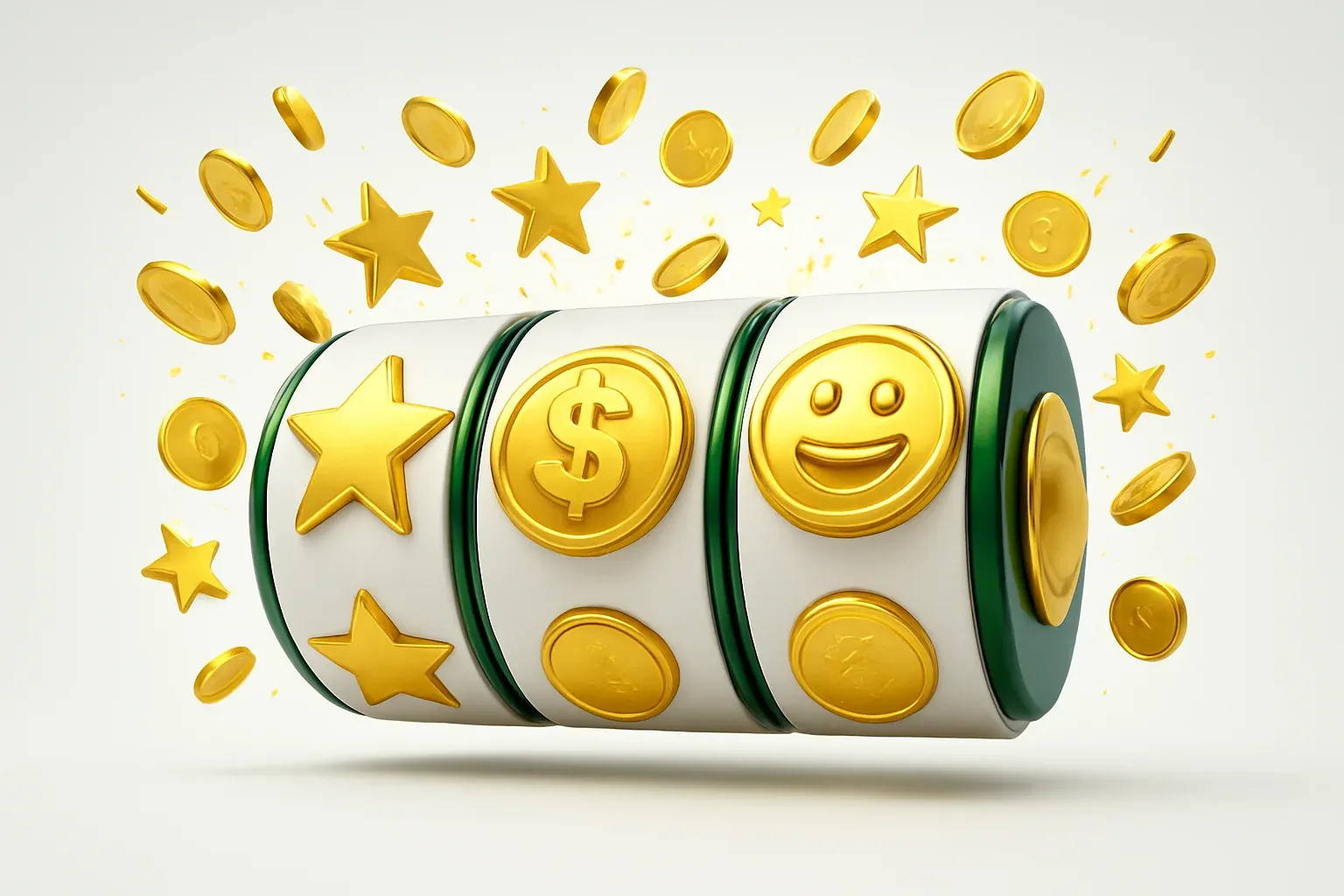 Colorful slot machine reels with gold symbols, coins, and exploding stars